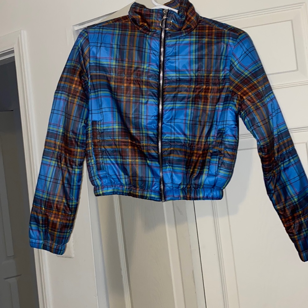 Blue and color-striped bomber jacket
